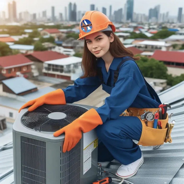 An armanch worker woman replacing an HVAC furnace on top of the roof.