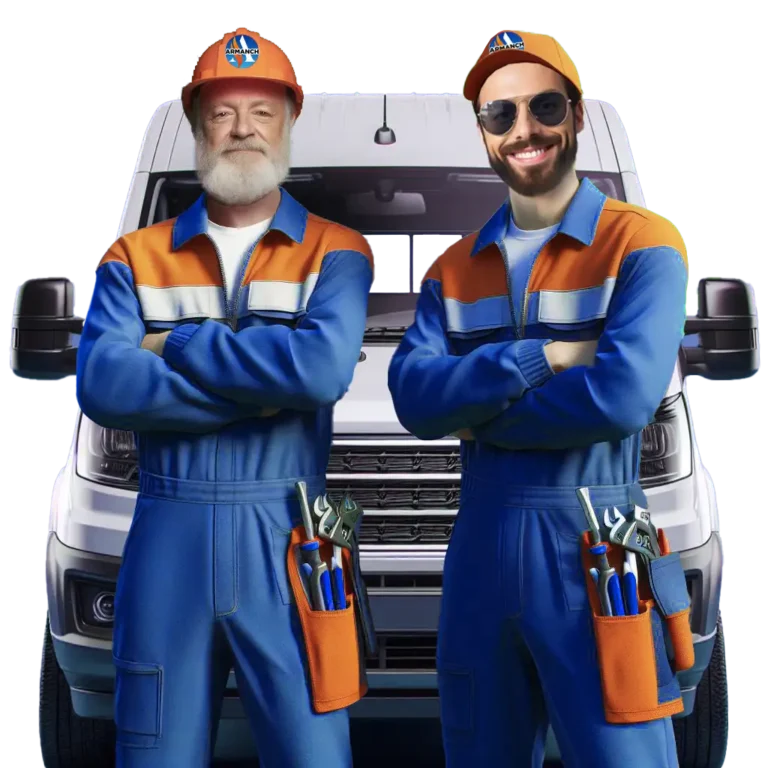 Armanch HVAC company about us page. two experts in front of a car