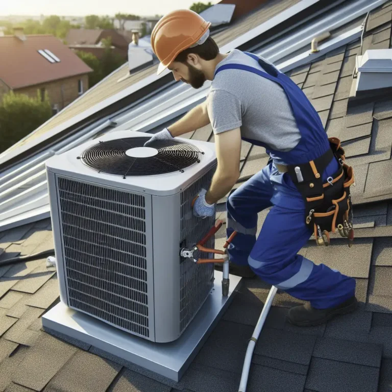 Arnabch HVAC Worker during maintenance service of an Air conditioner on the roof of a house.