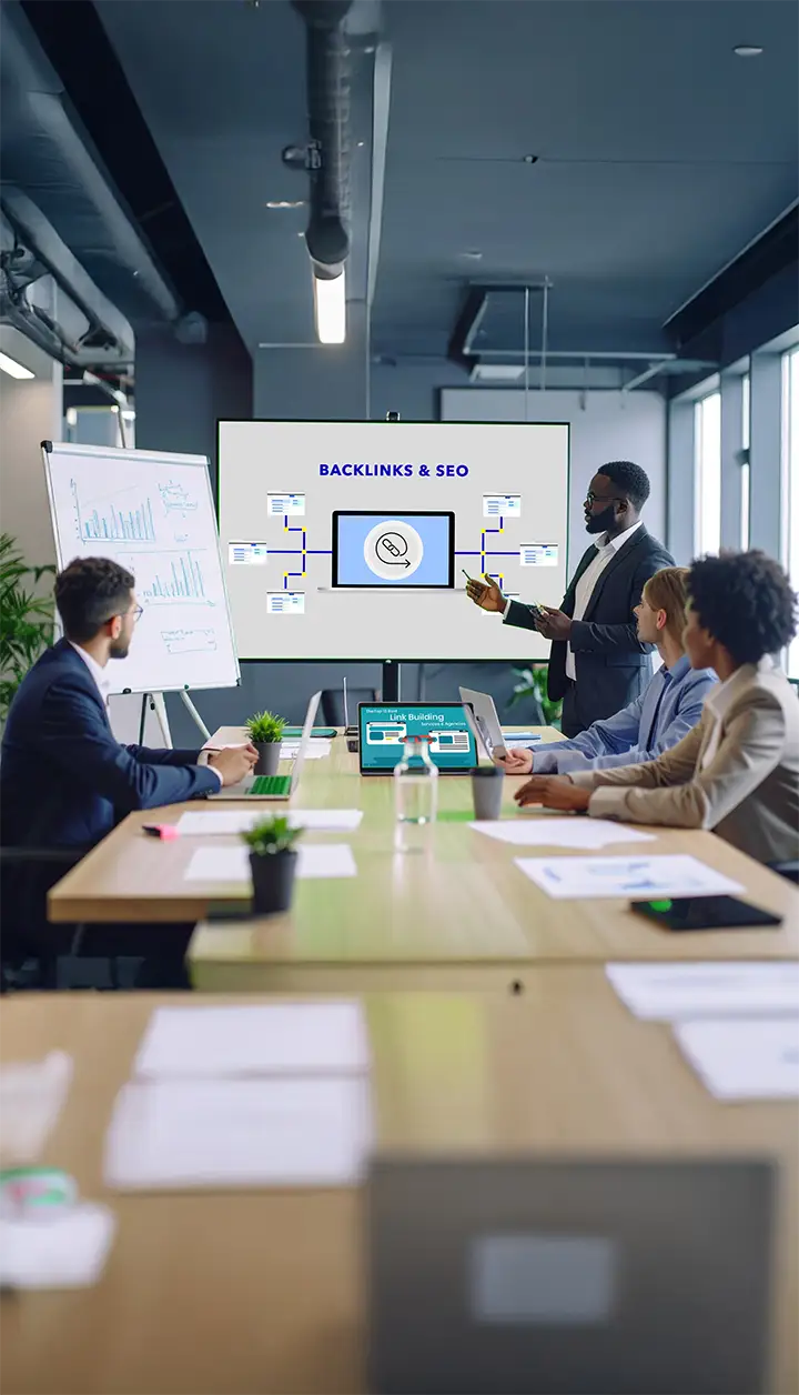 a small, diverse team (3-4 people) working together in a modern, simple office, with laptops and notepads on the desk, a whiteboard with handwritten charts and ideas in the scene.